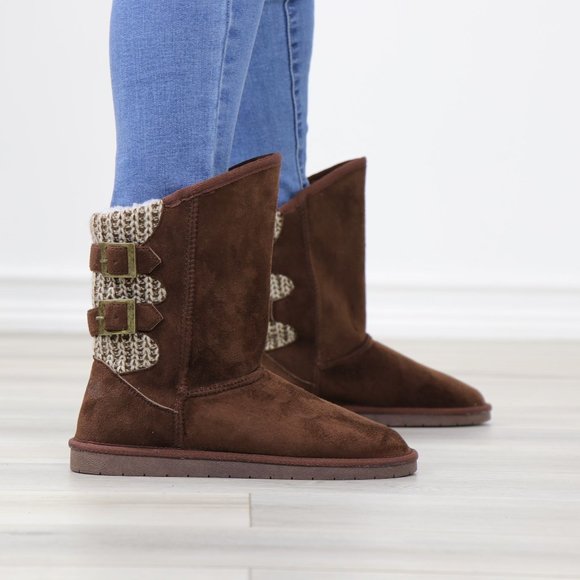 Brown Winter Warm Sherpa Lining Inside No Heel Mid Calf Flat Boots - Picture 3 of 11